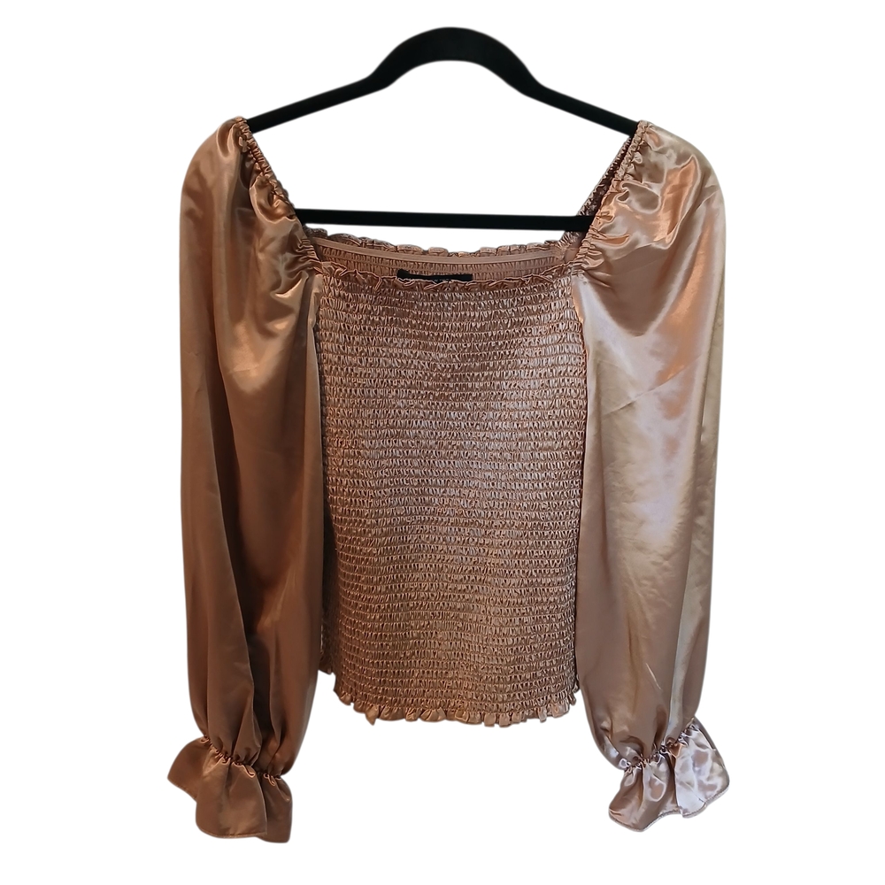 NEW Marc New York Satin Smocked Top Brown Long Sleeve Square Neck Size XS Party